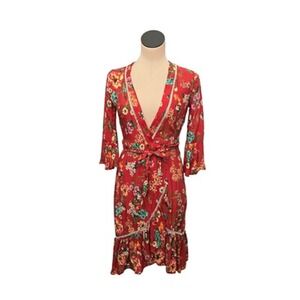 FARM Rio for Anthropologie Dress Womens XXS Red Floral Wrap Ruffle Tie‎ V Neck